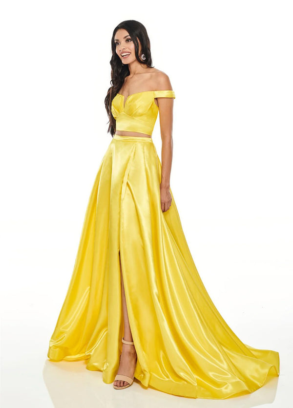 Rachel Allan 7185 Yellow 2 Piece Satin Dress with Slit