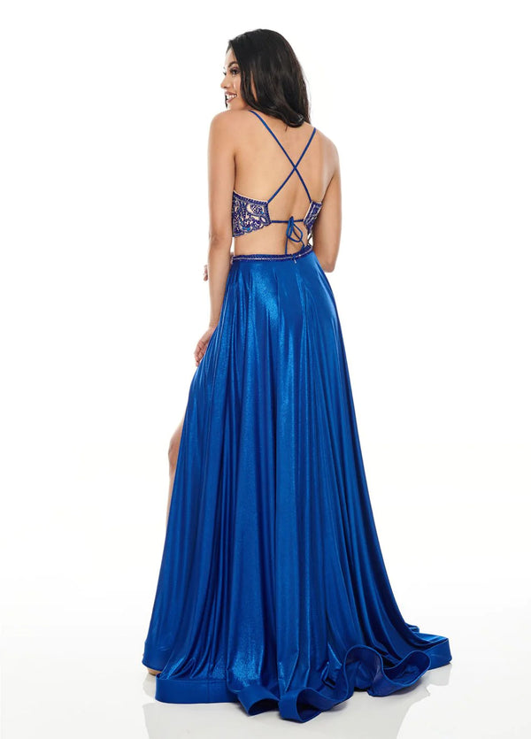 Rachel Allan 7209 Royal Blue Shimmer 2 Piece Dress with Slit