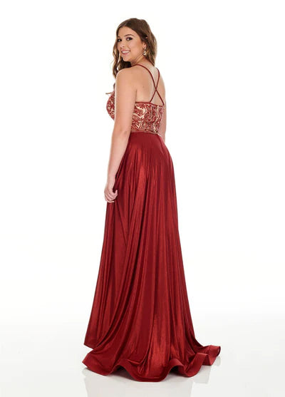 Rachel Allan 7235 Burgundy Shimmer 2 Piece Dress with Slit