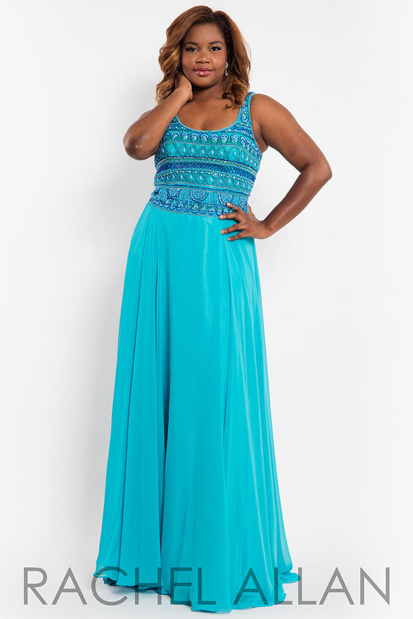 Rachel Allan 7804 Aqua Chiffon Dress with Beaded Bodice