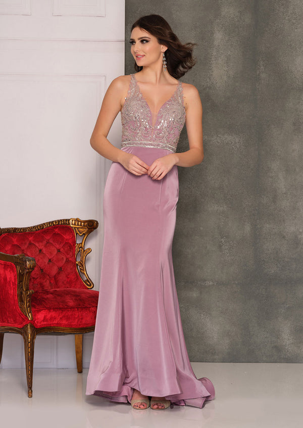 Dave & Johnny 10529 Light Plum Embellished Illusion Back Dress