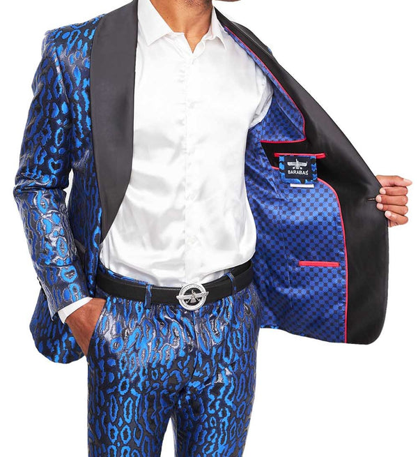 Royal Blue & Black Leopard Print Tuxedo with Black Shawl Lapel